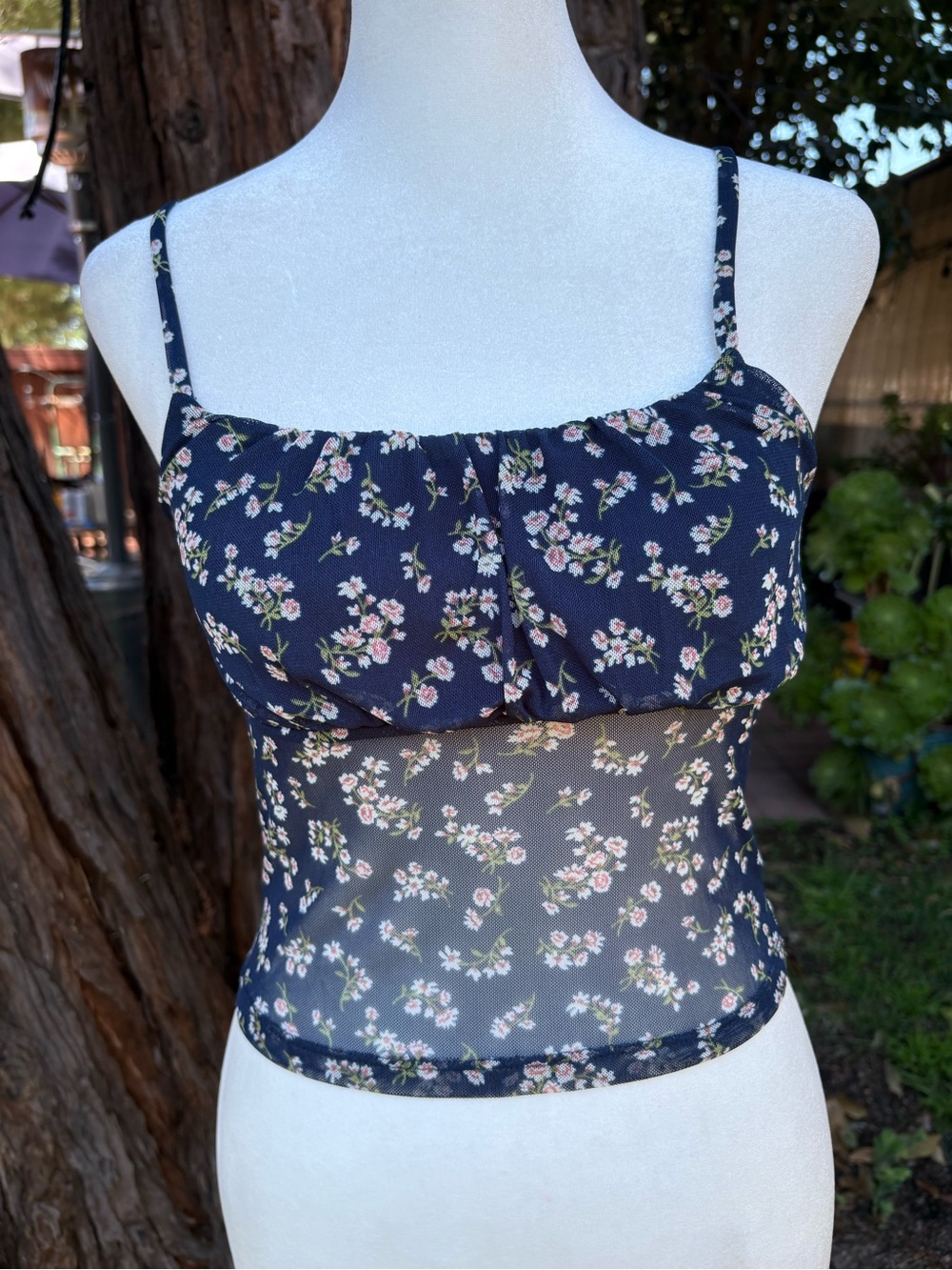 Ambiance Floral Mesh 2 Piece Set Sheer Cardigan Ruched Cami S M
